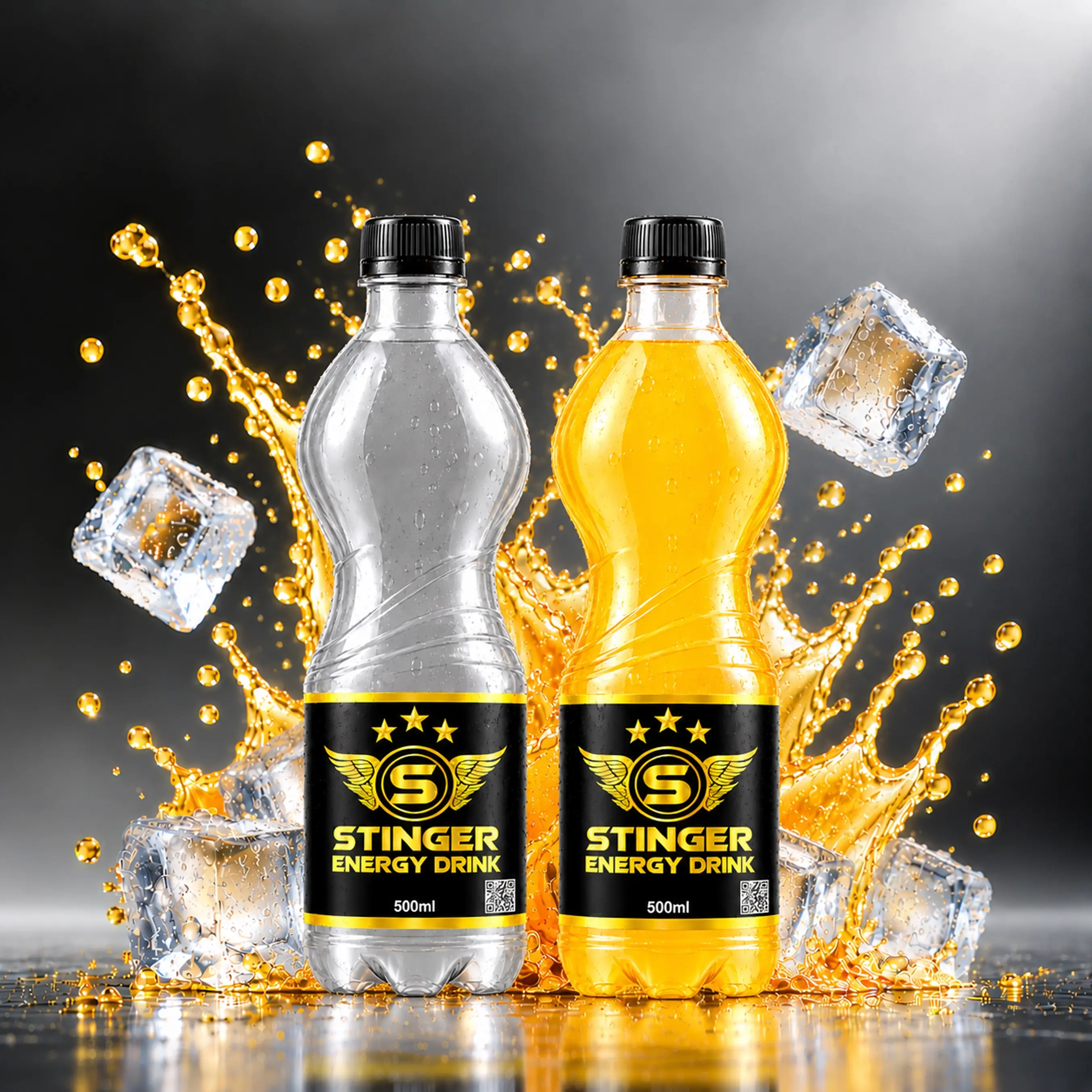 STINGER Energy Drink 500 ml PET bottles in clear and golden variants with golden splash and ice cubes.